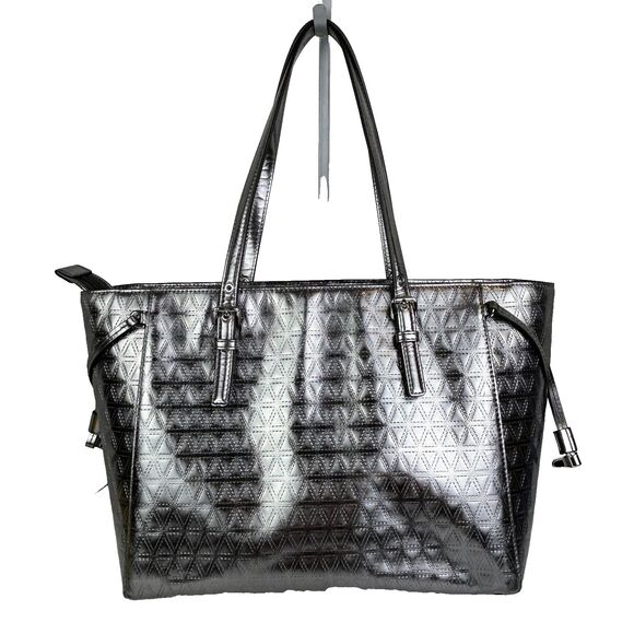 Michael Kors Voyageur Specchio Medium Top Zip Tote Bag Gunmetal Silver Metallic - Picture 6 of 16